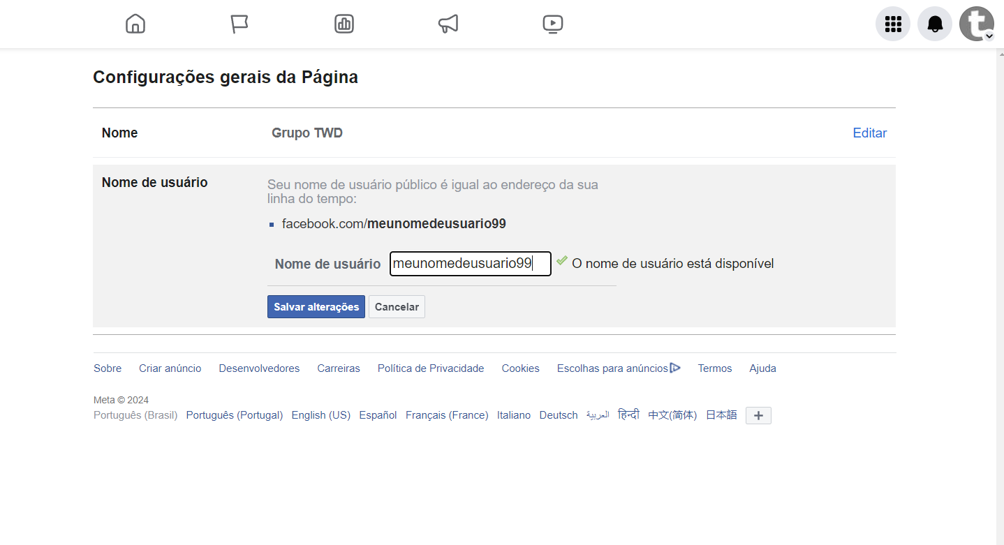 Como alterar o nome de usuário da página no Facebook em 2024