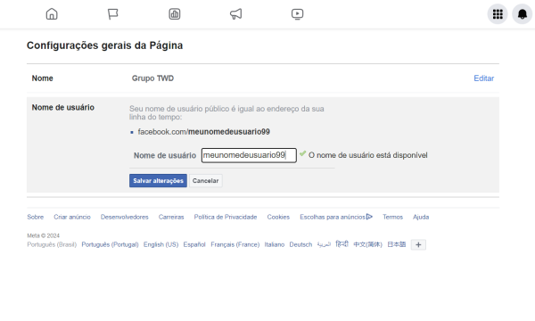 Como alterar o nome de usuário da página no Facebook em 2024